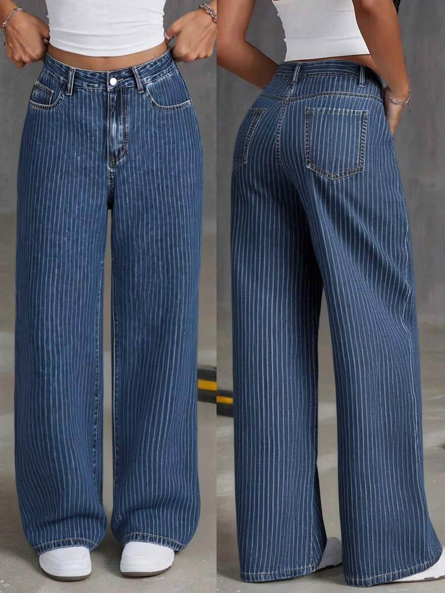 女士可爱藏蓝色和白色条纹长款牛仔裤，带口袋，无弹力，休闲优雅风格，适合万圣节、圣诞节、新年、感恩节和夏季穿着。 - 藍色 - 查看 1