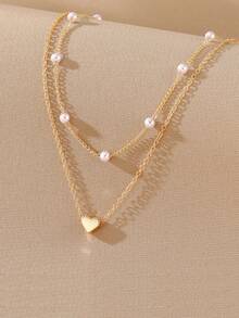 1pcs Heart-Shaped Pearl Pendant Necklace Set - Elegant Layering Jewelry For Women, Dainty Gold/Silver Necklaces For Daily Wear & Parties, Perfect Gift For Her - 金色 - 查看 1