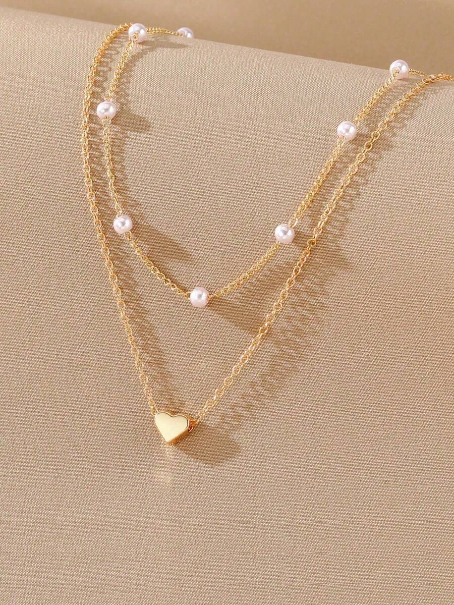 1pcs Heart-Shaped Pearl Pendant Necklace Set - Elegant Layering Jewelry For Women, Dainty Gold/Silver Necklaces For Daily Wear & Parties, Perfect Gift For Her - 金色 - 查看 1