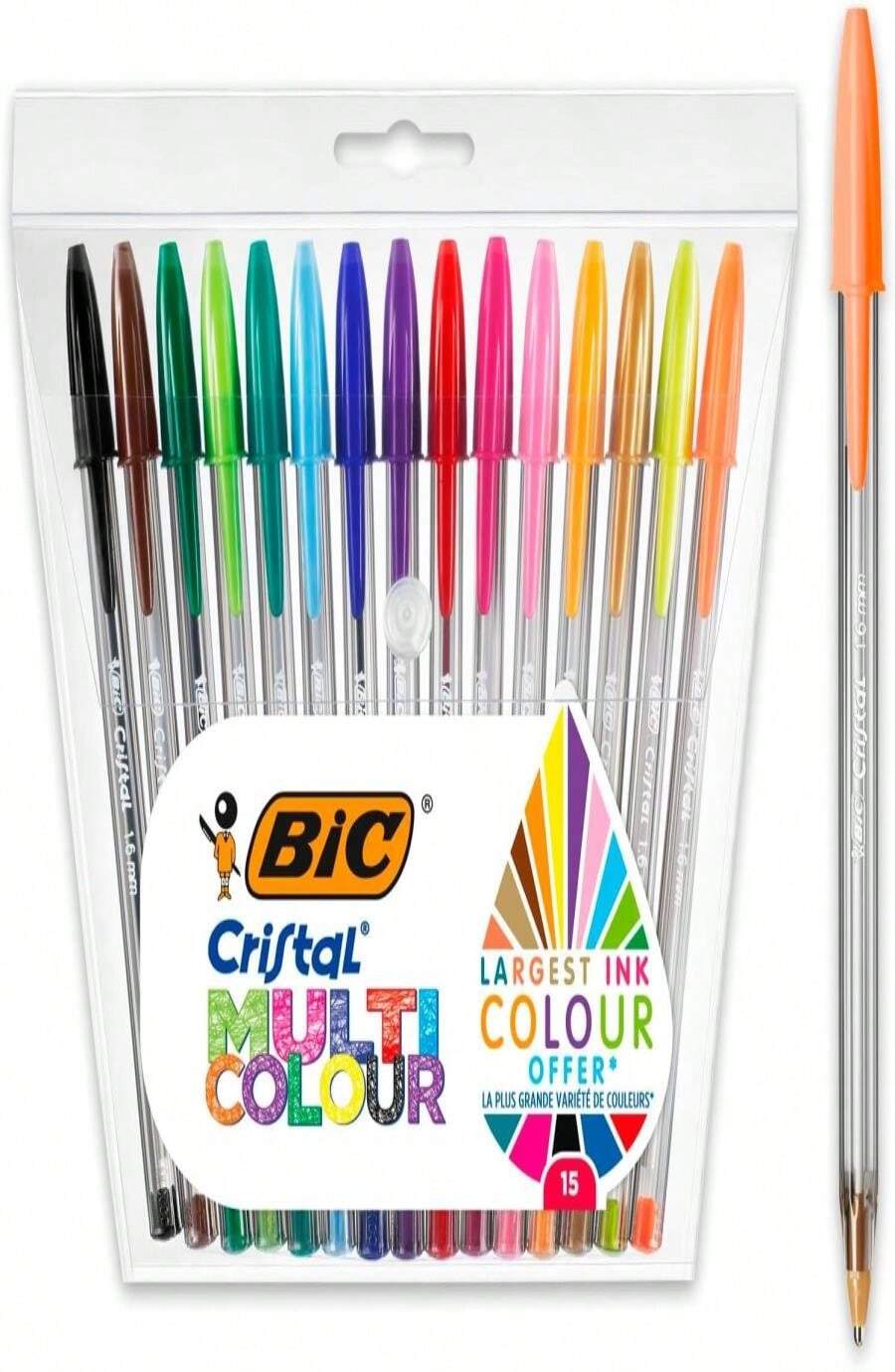 Bic Cristal Multicolour Ballpoint Pens With Wide Tip (16mm) Pens For Colourful Writing In Assorted Colours, Pack Of 15 - MàuA - Xem 1