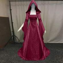Hooded Gothic Dress For Women, Victorian Medieval Renaissance Costume With Corset Lacing, Elegant Halloween Party Gown - Đỏ - Xem 2