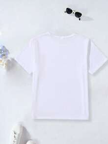 Set de 4 camisetas de cuello redondo cómodas, versátiles y casuales con gráficos de corazones y animales lindos para niñas, adecuadas para el verano - Multicolor - Ver 2