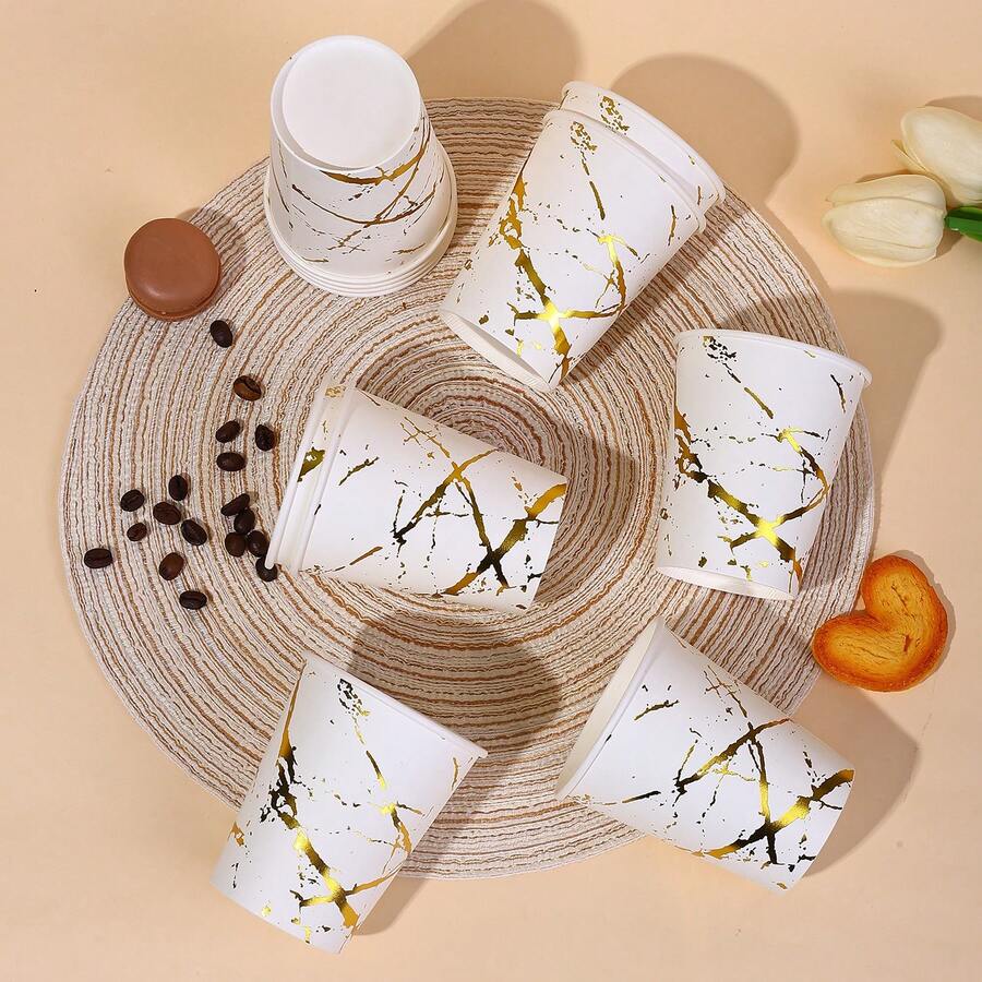 10pcs/20pcs/40pcs/60pcs Gold Marble Texture Paper Cups, 9oz Capacity. White Cup Bottom With Prominent Gold Texture, Resembling Natural Marble. Suitable For Serving Coffee, Tea, Hot Chocolate And Various Hot Beverages, Gold Paper Coffee Cups - White - View 1