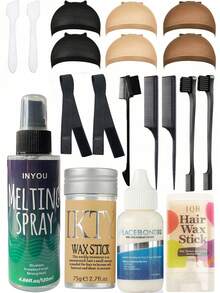19PCS Lace Wig Styling & Care Kit – Waterproof Wig Glue With Light Brown Lace Tint Spray, Hair Wax Stick, Elastic Bands, Edge Brush, Combs, Spoons, Wig Caps & Grooming Tools For Professional & Home Use