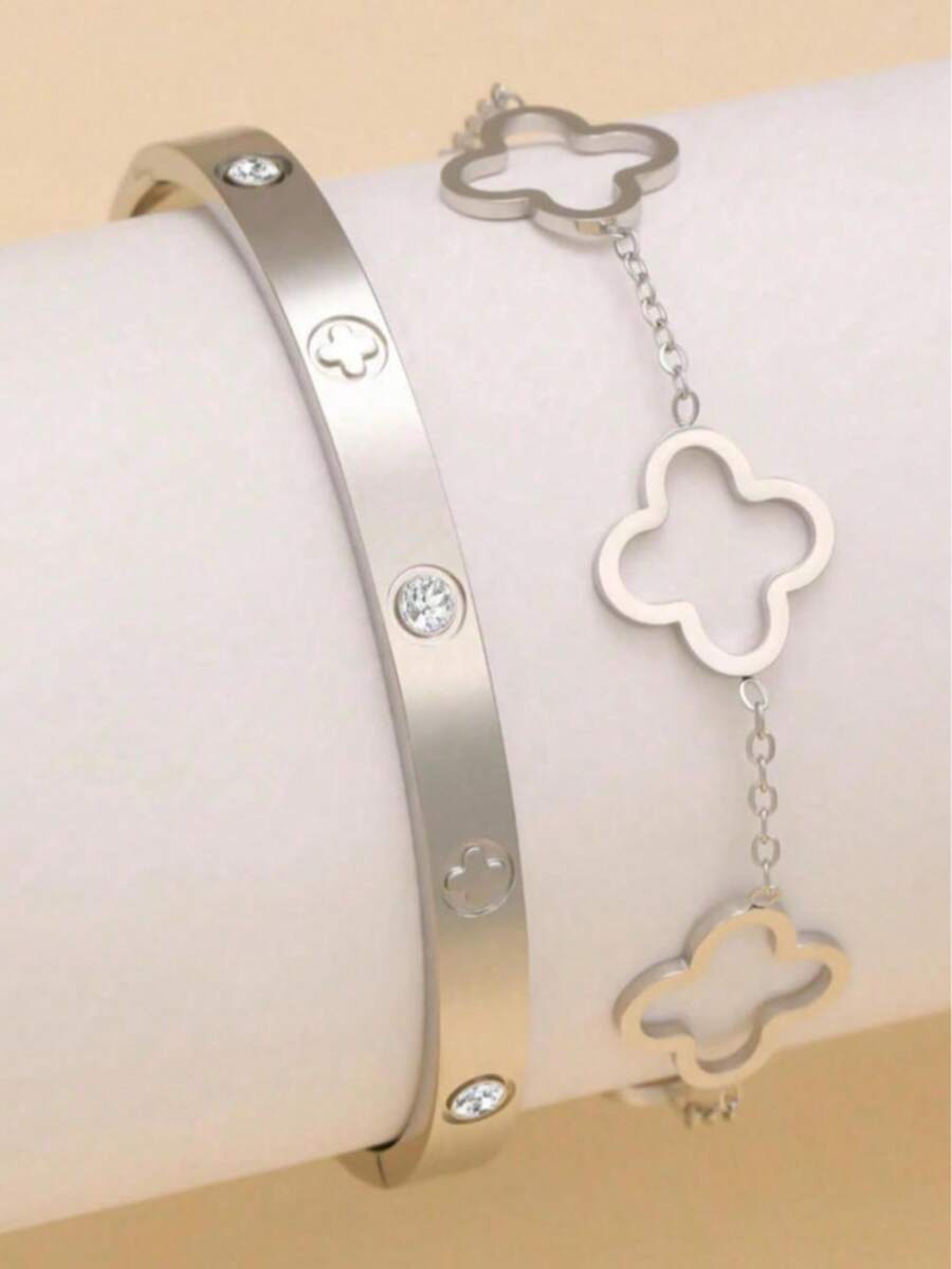 1 Set Of 2 Minimalist Fashion Bracelet & Bangle Set, Suitable For Daily Wear