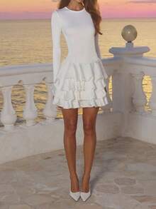 Abito lungo a maniche lunghe elegante e monocromatico da donna, adatto per l'autunno, marchio WOWDARK