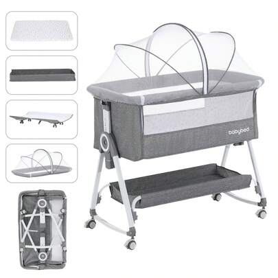 3 In 1 Beside Bassinet, Bedside Bassinet, Bedside Sleeper With Wheels, Adjustable Portable Bedside Crib, Bassinet Bedside Sleeper, Movable Bedside Bassinet For Baby,Grey