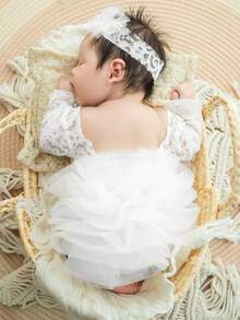 2pcs Newborn Lace Flower Headband And Bodysuit Set, For 100th Day Baby Photoshoot Outfit, Infant Photography Prop Baby Shower Family Decorations Gifts Baby Shower Easter Gift Things For Girls Boys - Nhiều màu - Xem 2