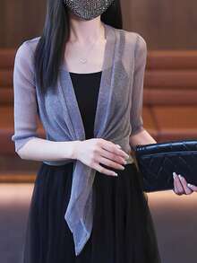 1pc Elegant Fashion Transparent Glittery Women Shawl, Tie Front 3/4 Sleeve Cropped Cover Up, Hollow-Out Breathable Shiny Shawl, Suitable For Bikini Cover-Up, Daily Wear Shawl, Wedding Party Little Black Dress Shawl - Multicolor - View 11