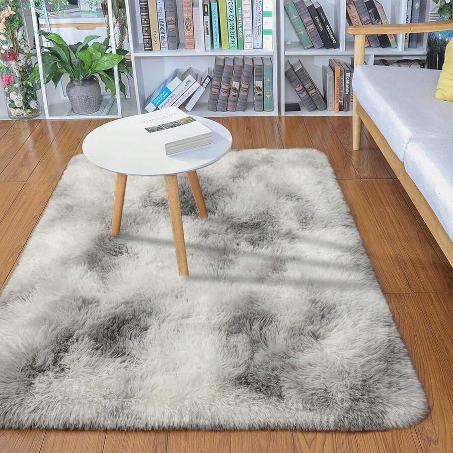 2x3 Small Rug For Bedroom Livingroom Mini Space Home Decor, Modern Indoor Shaggy Plush Fluffy Furry Fur Rugs Comfy Nursery Kids Room Floor Carpet, Tie-Dyed Grey & White - 紮染灰色和白色 - 查看 1