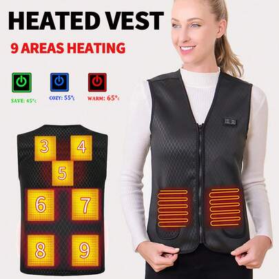 (Buy 2 Sizes Up For EU/US) Unisex USB Heated Vest, 9 Heating Zones, 3 Temperature Settings, Warm Clothing For Home, Travel, Winter & Christmas Gifts (Adapter Not Included)