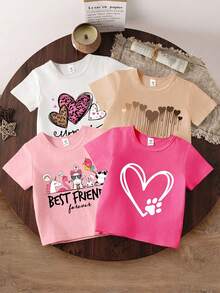Set de 4 camisetas de cuello redondo cómodas, versátiles y casuales con gráficos de corazones y animales lindos para niñas, adecuadas para el verano - Multicolor - Ver 4