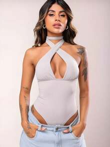 Women's Bodysuit, Plunging Neckline, Polyamide, Halter Neck, Multi-Shape – Elegant Blogger Fashion - Grey - View 1