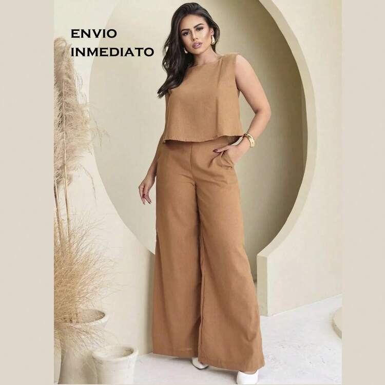 Women's Tailored Set, Linen Trousers And Blouse, Elegant Luxury, Summer 2025 - 鏽棕色 - 查看 3