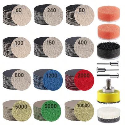 188 PCS 1 Inch Sanding Disc,  Hook And Loop 60 To 10000 Grit Wet Dry Sandpaper Micro Sand Paper With 1/8" 1/4" Shank, Backing Pad, Polishing Pads, Foam Pads For Auto Metal Glass Resin Wood