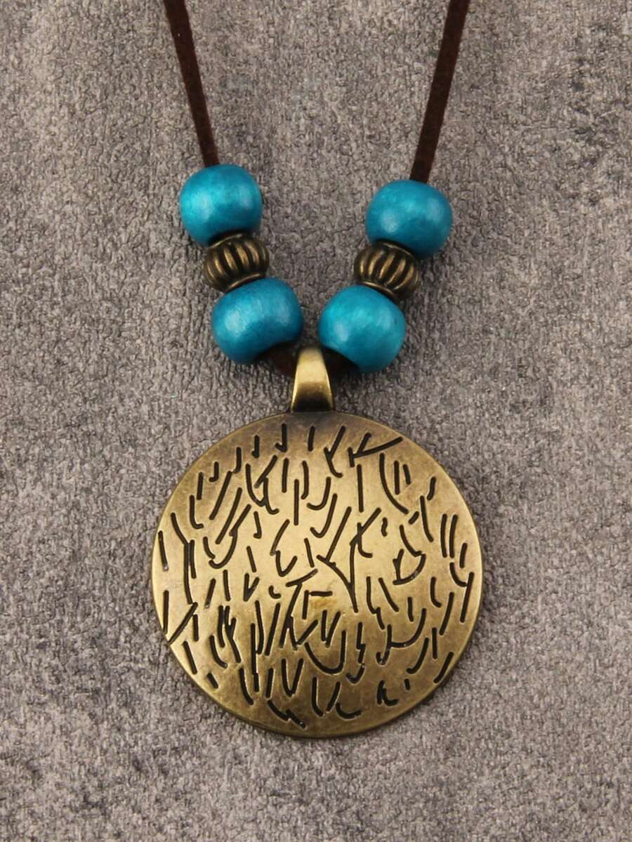 1pc Vintage Wooden Bead & Geometric Metal Chain Necklace, Long Sweater Chain For Women - Blue Wooden Beads + Bronze Zodiac Plaques - View 1