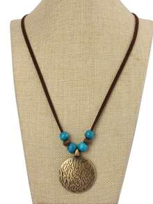 1pc Vintage Wooden Bead & Geometric Metal Chain Necklace, Long Sweater Chain For Women - Blue Wooden Beads + Bronze Zodiac Plaques - View 4
