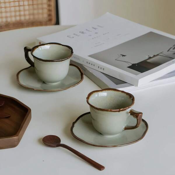 1 Set Retro Kiln-Changed Glaze Coffee Cup & Saucer (150ml) - Latte Art Cup For Afternoon Tea, Suitable For Home, Coffee Shop, Christmas Celebrations & Festival Gifts
