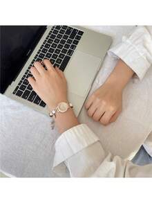 1 Piece Women's Beaded Strap Small Dial Simple Ins Niche High-value Simple Quartz Watch Suitable For Students and Lady to Wear Daily - 白色 - 查看 8