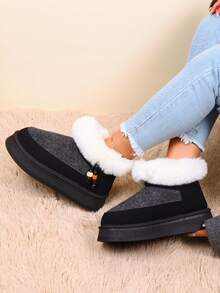 1 Pair Plus Size 36-42 Contrast Quilted Punk Preppy College Sports Avant-Garde Retro Cargo Style Faux Fur Lining Bowknot Faux Fur Edge Lace-Up Thick Sole Snow Boots, Suitable For Holiday, Outdoor, Winter