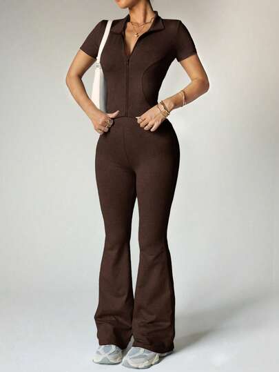 Women's Yoga Workout Set: Short Sleeve Zip-Up Jacket & High-Waisted Flared Pants - Moisture-Wicking, 4-Way Stretch, Breathable Activewear For Yoga, Pilates, Gym (Color/Size Options)