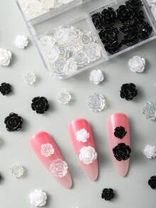 120片8mm+6mm极光山茶花玫瑰美甲装饰贴，透明/白色/黑色混合，3D立体设计，易于粘贴，适用于婚礼、假期、青春活动等场合，可用于美甲设计、珠宝制作、棺材形美甲、法式杏仁形美甲、短指甲和长指甲、椭圆形指甲、方形指甲、珠宝工艺、毕业帽设计、DIY手机壳等。美甲用品 - 彩色 - 查看 2