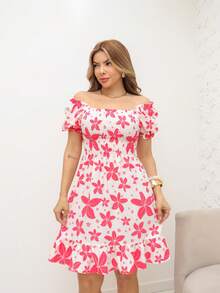 RAINBOW Women's Short Dress Princess Floral Puff Sleeve Lastex Elegant Fashion One Size 36-42 Creppinho - B/pink - 查看 4