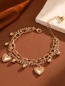 1pc Heart-Shaped Ball Pendant Chain Metal Alloy Bracelet, New Arrival