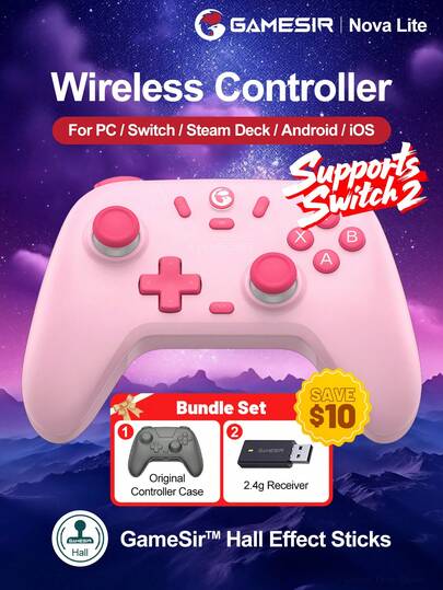 GAMESIR GameSir PC Gamepad kompatibel mit 2 Controller Nova Lite Joysticks für Switch Steam Deck Android iOS Handy Windows mit Hall-Effekt Sticks, mit originaler Controller Schutzhülle kostengünstiger Controller, Analog-Trigger 2 Rotations-Vibrationsmotoren Turbo-Funktion, Gaming-Konsolen-Zubehör, 600mAh Lithium-Batterie, kabellos, 2,4G oder kabelgebunden, Pink