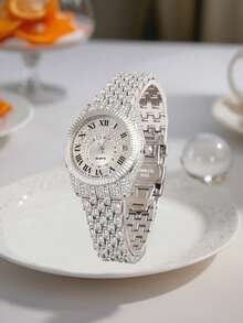 6 件/套优雅女士钻石镶嵌石英表（合金表带），搭配时尚手链套装，是送给妈妈或女友的理想礼物 - 銀色 - 查看 4
