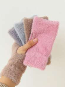 1 Pair Women's Solid Color Fuzzy Warm Fingerless Gloves, Outdoor/Indoor Use, Elastic Knitted Half Finger Gloves For Writing, Office, Autumn/Winter - Solid Color Mittens - View 3