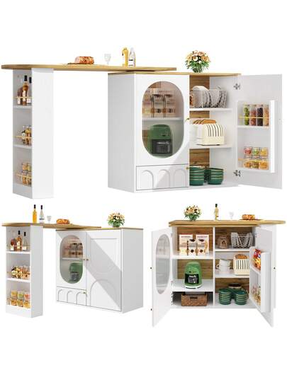 Sairedel Wit 360° Rotating Bar Tafel Storage Space Kitchen Isl 138x39x102cm Doors, Door Shelves Removable Dividers, As Dining Counter view 11