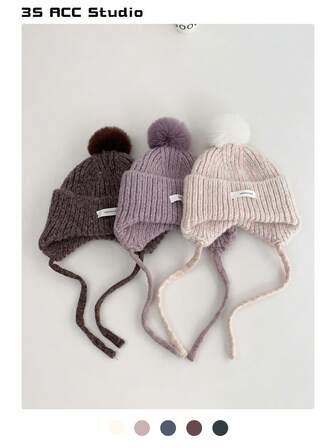 1 件混色毛绒球护耳针织渔夫帽，秋冬女士针织帽，带领带，粗纱绒球保暖针织滑雪帽