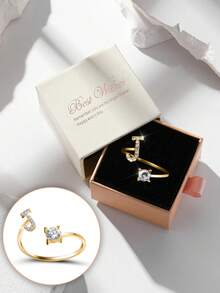 礼盒装 26 字母奢华水钻金色开口戒指，适合女性婚礼订婚派对生日礼物 - 金色 - 查看 27