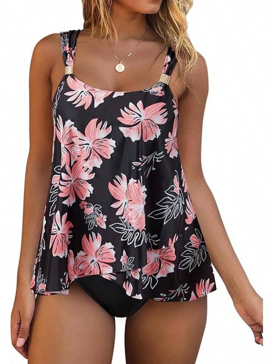 High Waisted Ruffle Tankini Swimsuit Plus Size Tummy Control - Pink Floral - View 1