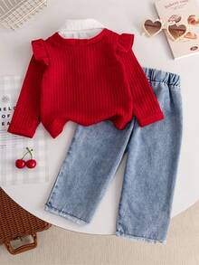 Baby Girls Casual Long Sleeve 2 In 1 Top With Cherry Embroidery And Denim Pants Set