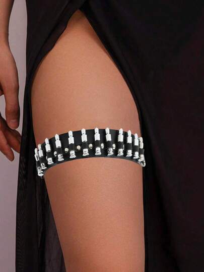 1pc Women Faux Leather Harness Leg Ring Gothic Bullet Decorative Garter Gothic Lingerie Bondage Belt Stocking Suspenders Clothing Accessory