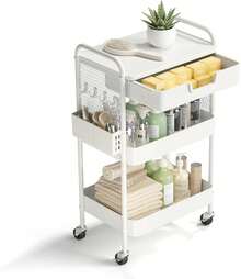 Carrito Rodante de 3 Niveles con Cajón, Estructura Metálica con Ruedas y Tablero, Organizador de Almacenamiento Multiusos para Sala de Estar, Oficina y Recámara, Color Negro - Blanco - Ver 13