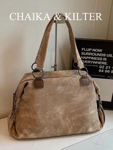 CHAIKA & KILTER 1 件纯色 PU 面料单肩包，女士复古休闲大容量单肩托特包，大学生书包，拼接铆钉装饰，双手柄设计，拉链开合，适合日常购物 - 卡其色 - 查看 8