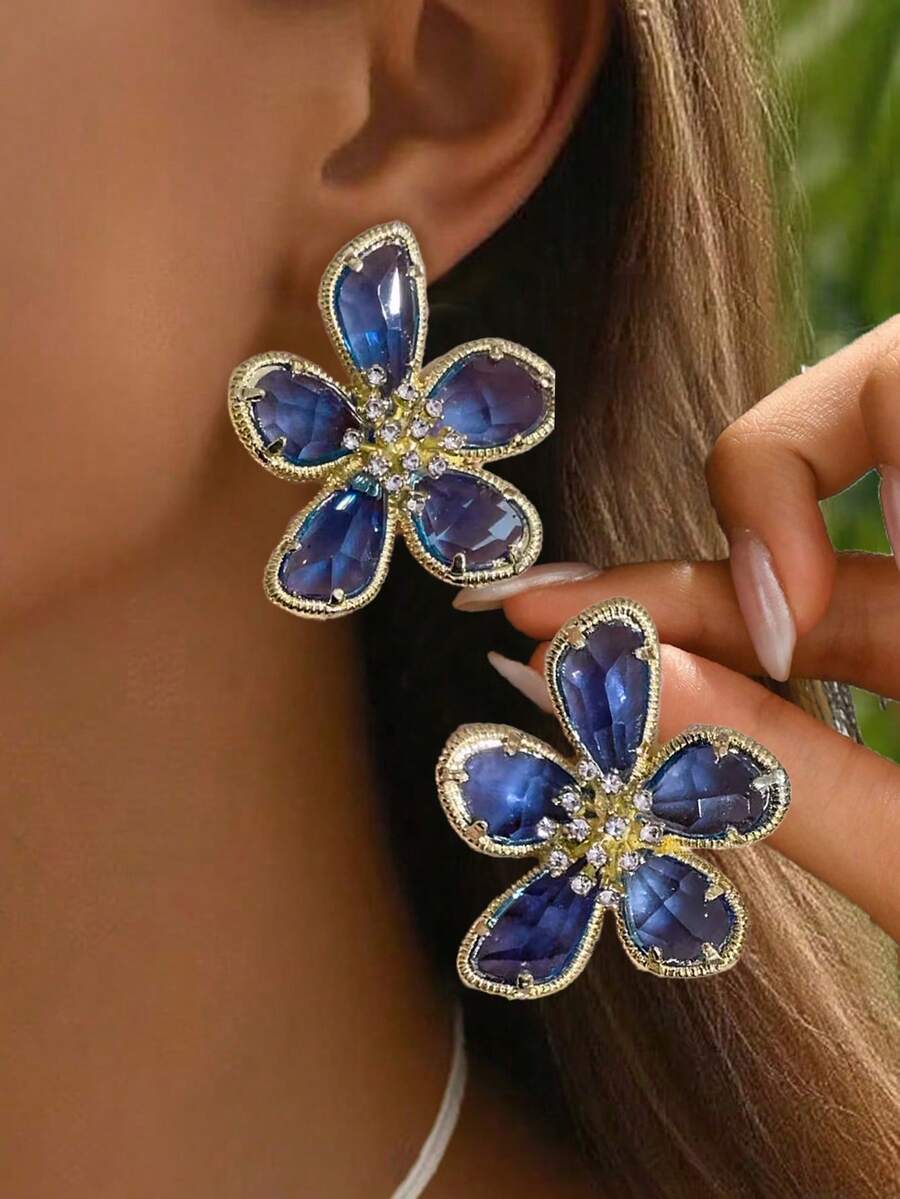 European And American Exaggerated Crystal Flower Earrings, New And Fashionable Style, Internet Famous Earrings, Female Personalized Earrings - Blue - View 1