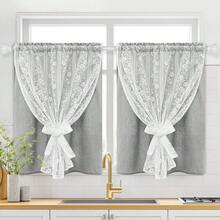 Linen Kitchen Curtains 36 Inch Length, Double Layered Window Curtain 2 Panel Sets Rod Pocket Short Curtains For Kitchen, Farmhouse Window Treatment Tiers For Bathroom, Cafe, Grey - Grey26Wx36LPackof2 - View 1
