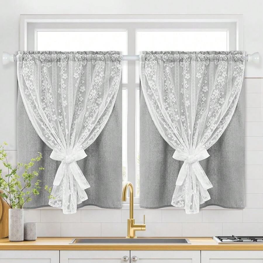 Linen Kitchen Curtains 36 Inch Length, Double Layered Window Curtain 2 Panel Sets Rod Pocket Short Curtains For Kitchen, Farmhouse Window Treatment Tiers For Bathroom, Cafe, Grey - Grey26Wx36LPackof2 - View 1