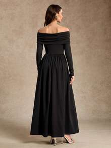 Women's Elegant Solid Color Off-Shoulder Long Sleeve Dress, Early Autumn - Black - View 3