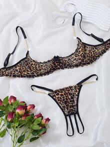 Women's Lingerie Set, Black Leopard Lace Trim With Gold Chain, 1/4 Cup Open Slit Hollow Design - Black - View 4