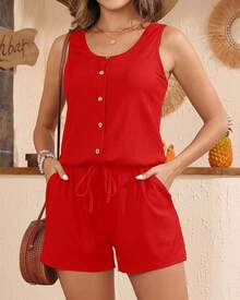 Women Romper Swimsuit - One Piece Bathing Suit With Shorts Modest Boyleg Swim With Pockets 2025 - Red - View 5