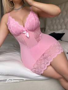 1pc Plus Size Sexy Deep V Lace Mesh Nightgown + 1pc Panty Set