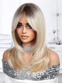 16英寸长波浪卷发假发，棕色挑染，中分浅金色卷发，适合女性日常佩戴，可用于派对、角色扮演、度假、家庭聚会、日常穿着，也是母亲节、开斋节、万圣节、圣诞节的理想礼物，以及送给女朋友的礼物。 - 挑染金色 - 查看 5