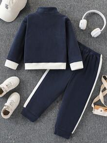 2pcs/Set Young Boy Casual Patch Design Cozy Fleece Splice Long Sleeve Half-Zip Collar Sweatshirt And Pants Set, Suitable For Casual, Sports, Daily Wear, School, Outdoor, Autumn/Winter - Navy Blue - View 2