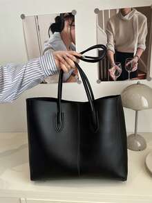 2pcs Women Black Quilted Lining Shoulder Tote Bag, Fashion Large Capacity Combination Handbag With Snap Closure, Casual Street Style For Photography, Daily Commute