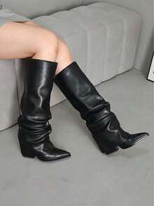 Knee High Fold Over Boots For Women Ruched Pointed Toe Slouchy Boot High Heeled Shoes Halloween Costumes For Halloween - Black - View 7